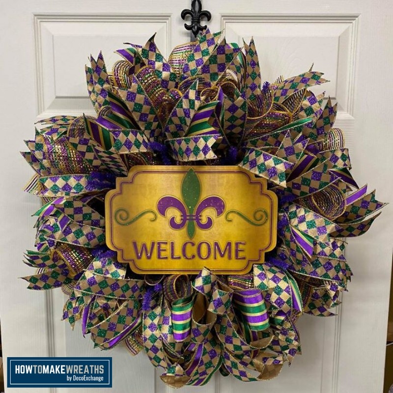 Mardi Gras Wreath - Deco Mesh Ribbon Tails and Sign