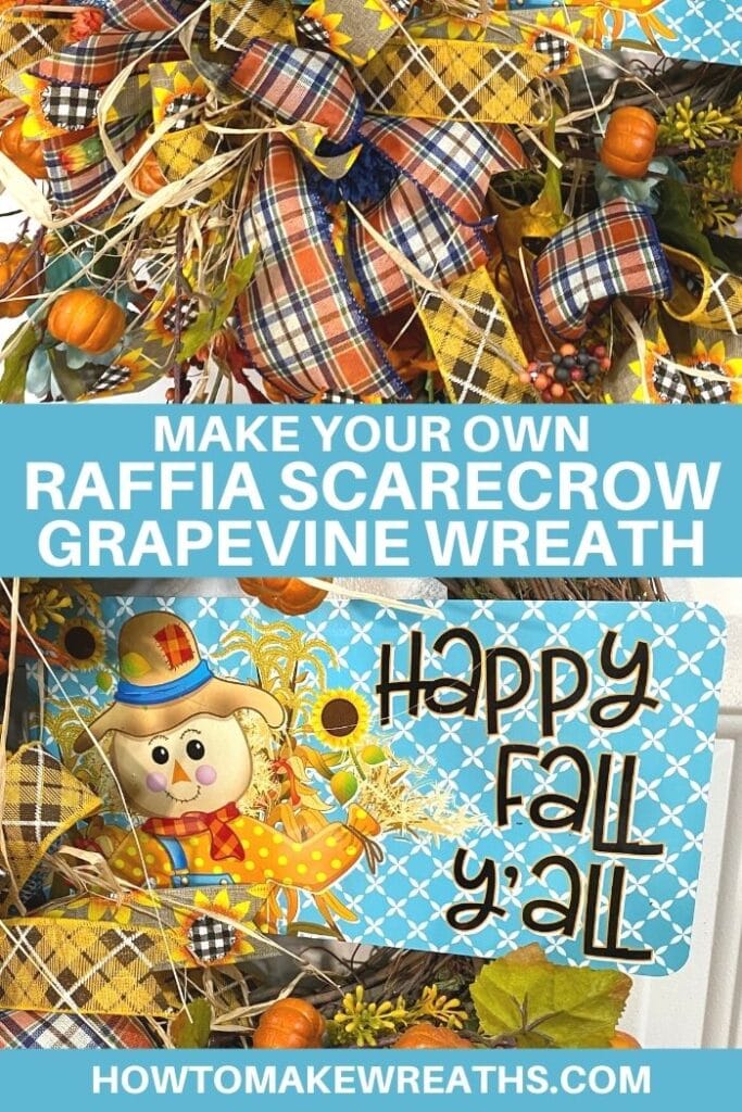 orange, blue, yellow, and brown plaid wreath bow on top - Make Your Own Raffia Scarecrow Grapevine Wreath - light blue sign - scarecrow image - Happy Fall Y'all