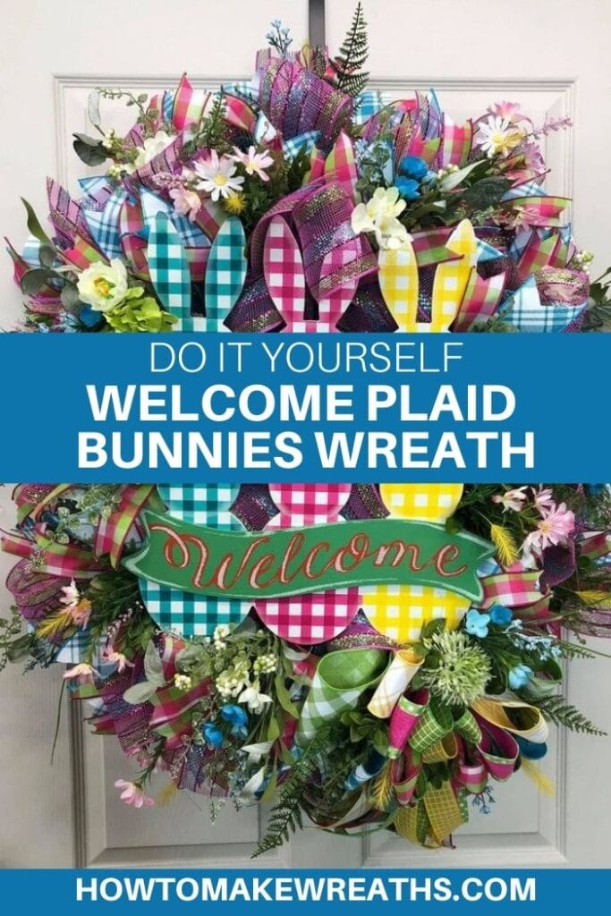 DIY Welcome Plaid Bunnies Wreath with florals and greenery