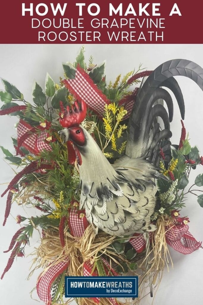Double Grapevine Rooster Wreath with red bows and greenery picks