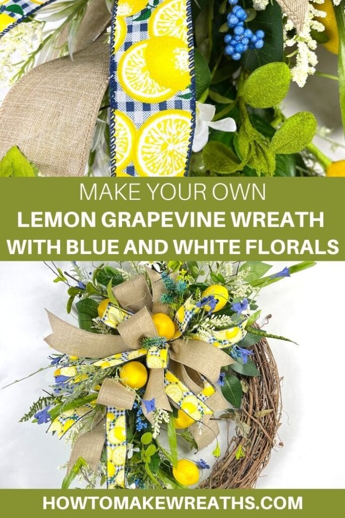 Make Your Own Lemon Grapevine Wreath with Blue and White Florals
