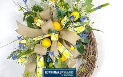Lemon grapevine wreath with blue and white florals