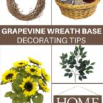 grapevine wreath base, basket of ribbons, sunflower stem, greenery stem, and home wooden sign