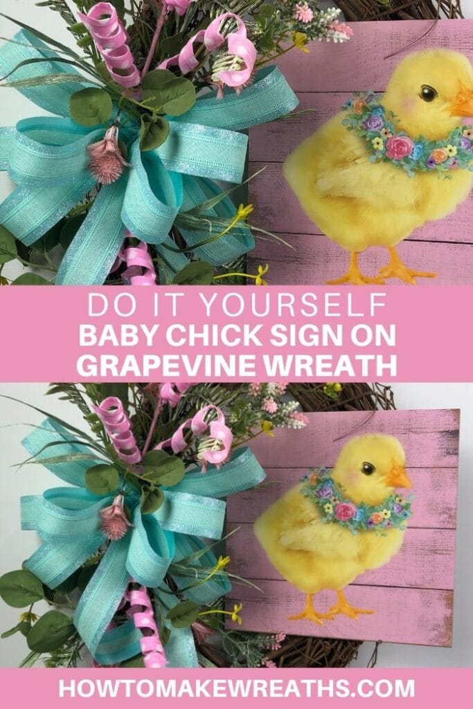 baby chick sign on a grapevine wreath with blue and pink bow