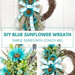 collage of pictures featuring a blue sunflower wreath