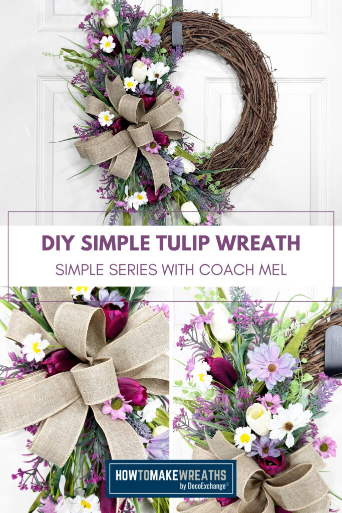 collage of photos of tulip wreath with filler flowers and greenery stems