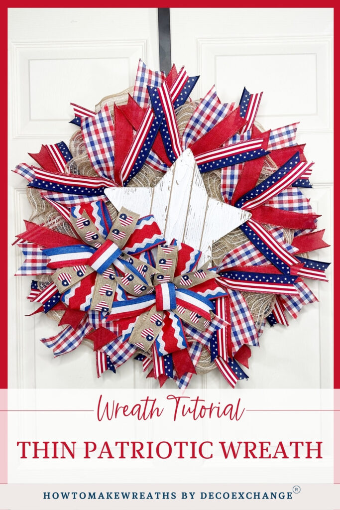 patriotic wreath with burlap mesh, bow, and wooden star.