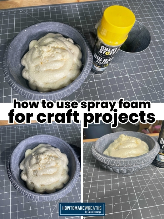 collage of images showing spray foam in a decorative bowl