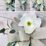 collage showing different angles of a door swag with magnolia flower and soft leaves