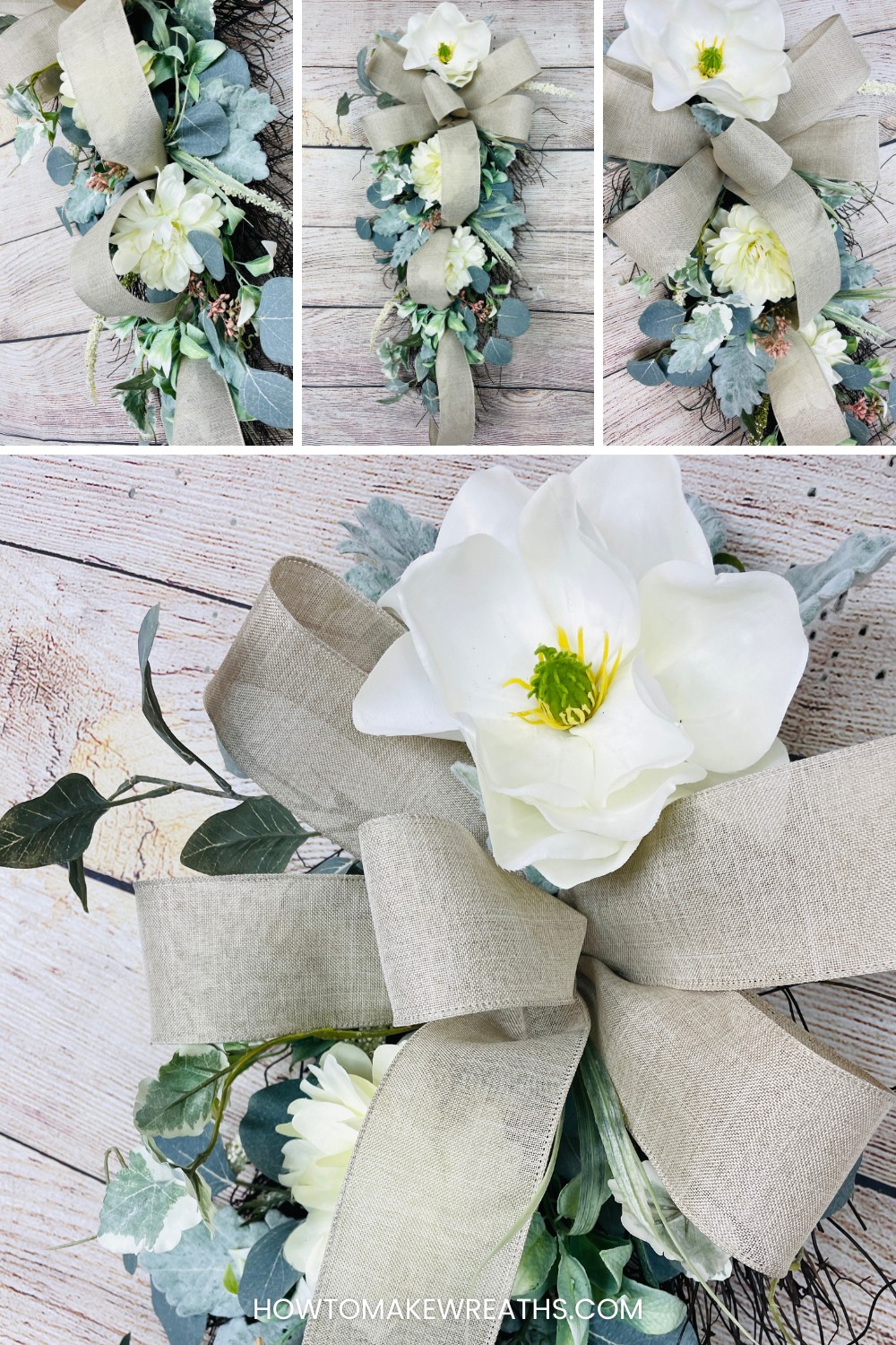 collage showing different angles of a door swag with magnolia flower and soft leaves