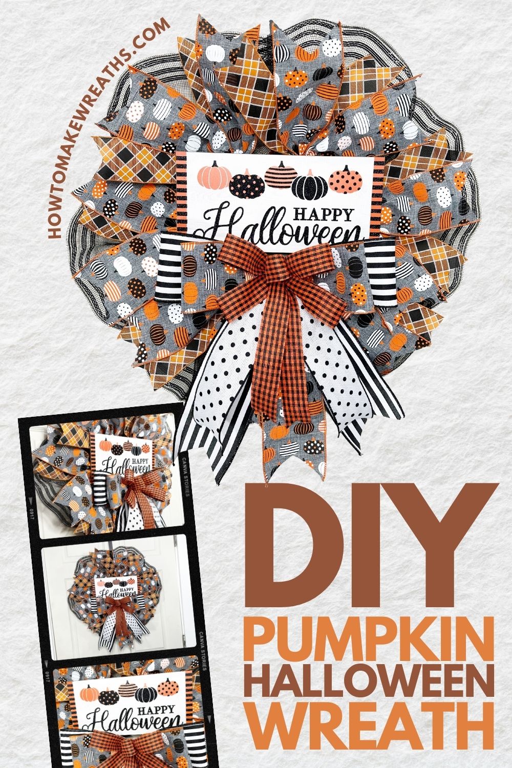 DIY Pumpkin Halloween Wreath with photo collage of different angles