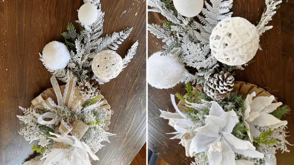 Overhead view of winter vignette with white ornaments, pinecones, and greenery dusted with faux snow.
