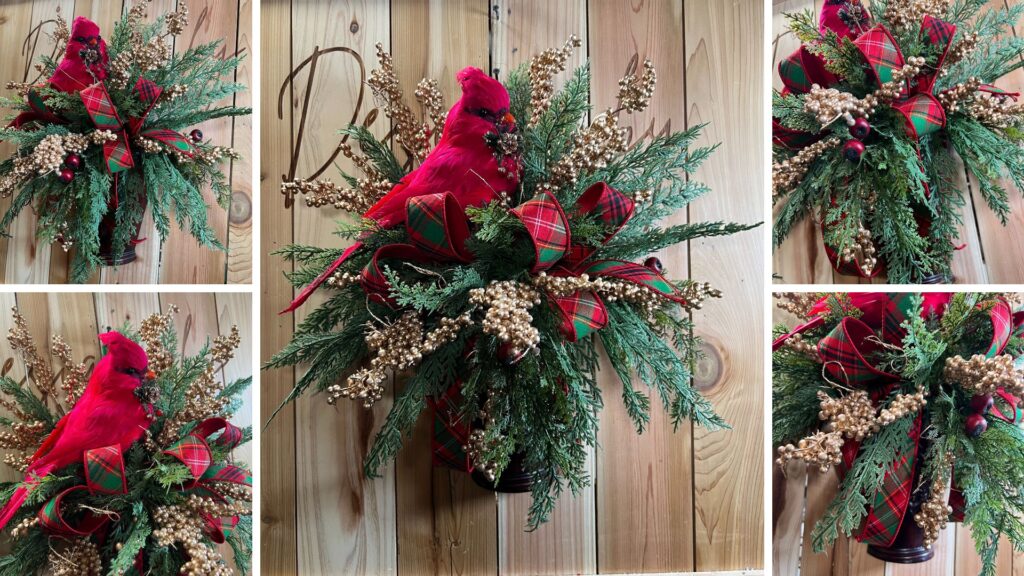 collage of a diy cardinal wall sconce project