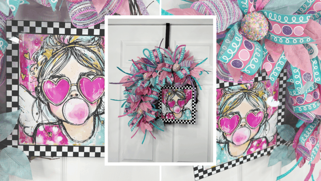 Collage showing a colorful grapevine wreath with a metal sign, close-ups of ribbon details, and the finished wreath hanging on a door.