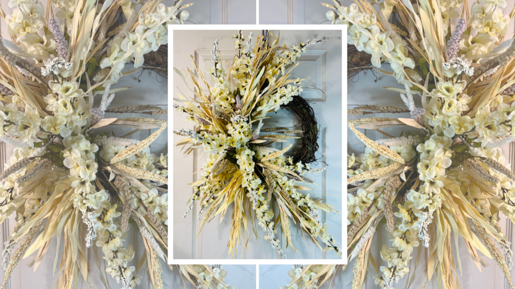 boho style grapevine wreath with cream flowers, dried look stems, and layered neutral textures in a spring front door arrangement