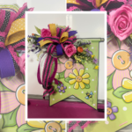 Different angles of a door hanger with spring ribbons and florals.