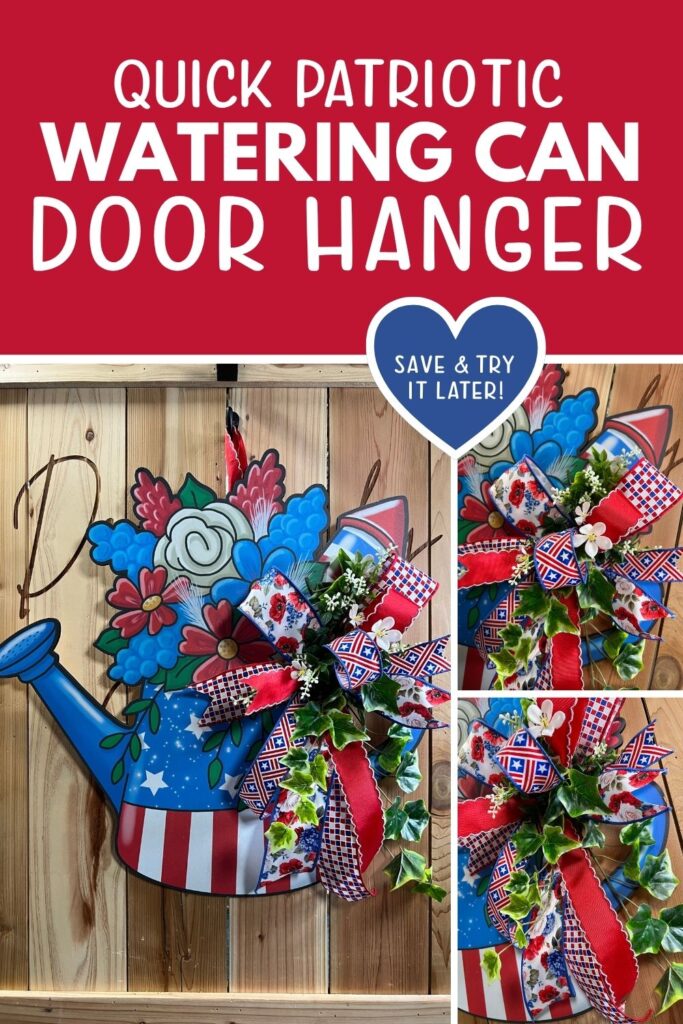 Patriotic watering can door hanger with red white and blue ribbon bow greenery and florals for 4th of July front door decor