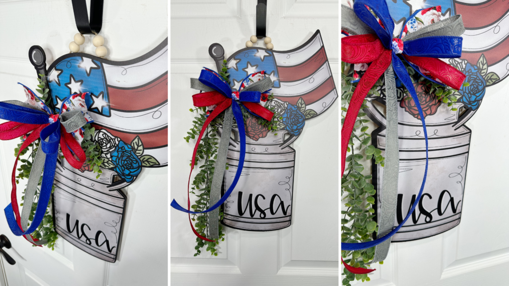 Collage of 3 photos showing a water can shaped door hanger with simple bow.