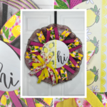 Three-panel collage showing a pink lemonade pancake petite wreath with black deco mesh, hot pink polka dot and lemon-print ribbon tails, a yellow floral bow, and a round lemon hi sign, with close-up detail shots of the bow and sign on either side of the full wreath view.