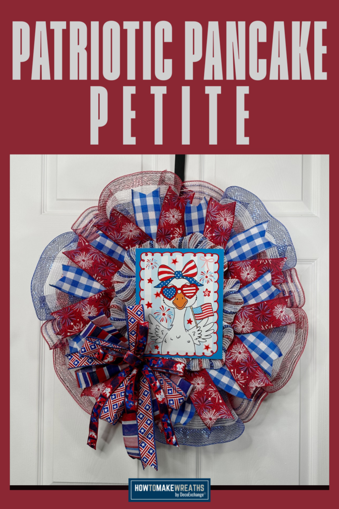 patriotic pancake wreath on a front door with text "patriotic pancake petite"