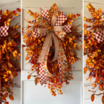Three close up views of a fall grapevine swag bow made from rust and white checkered ribbon, burlap ribbon, and leaf print ribbon, layered with orange and yellow fall florals and berry picks on a white door.