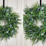 Eucalyptus and button fern wreath hanging on a white front door, shown in two close-up angles, with text reading "DIY Eucalyptus and Button Fern Wreath"