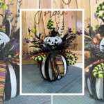 collage of photos showing a diy halloween pumpkin arrangement