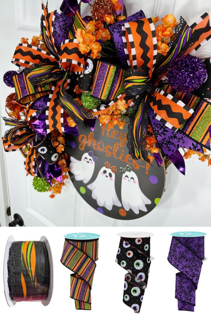 Ghost themed wreath with a collage of the 4 types of ribbon used.