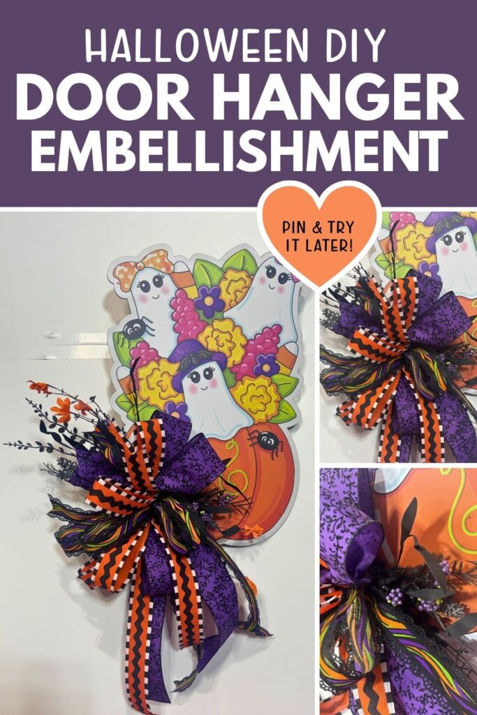 Ghost door hanger with bow and artificial flowers.