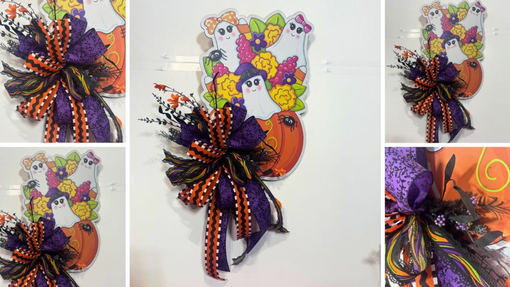 Large door hanger with 3 ghosts sitting on a pumpkin with a bow and floral embellishment.