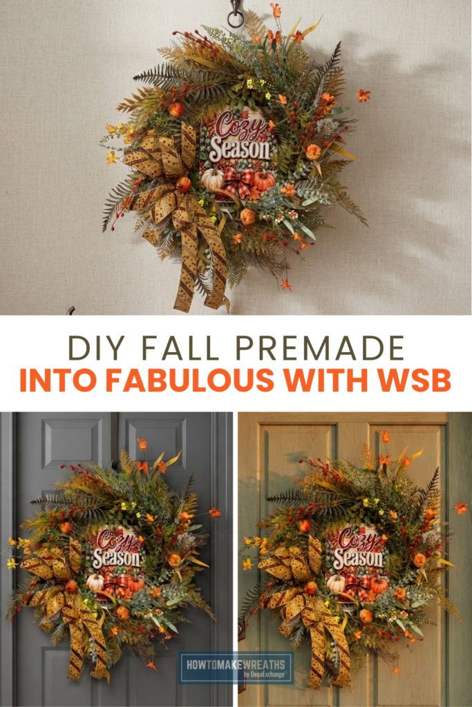 DIY fall wreath makeover featuring autumn florals, greenery, pumpkins, a Cozy Season sign, and patterned ribbon, shown hanging on two front doors.