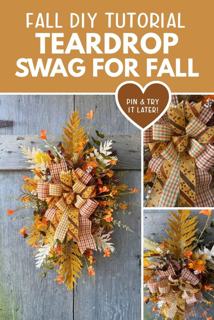 3 photos featuring different angles of a fall swag used to decorate a front door.