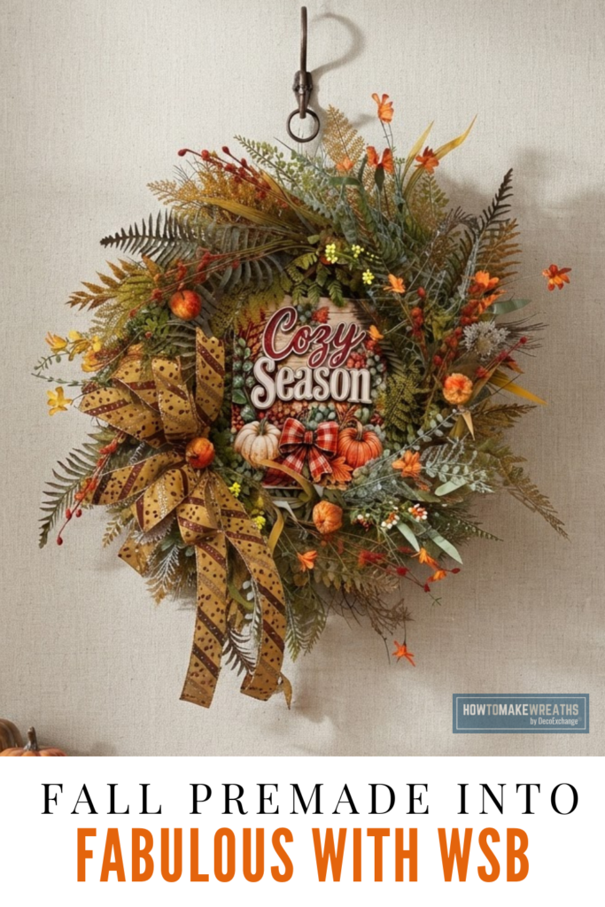 Finished fall wreath decorated with layered autumn greenery, orange florals, pumpkins, patterned ribbon, and a Cozy Season sign.