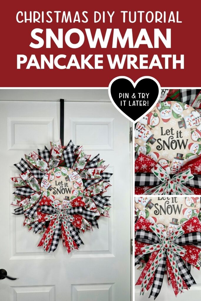 Collage of photos showing close up and full versions of a handcrafted snowman pancake wreath.