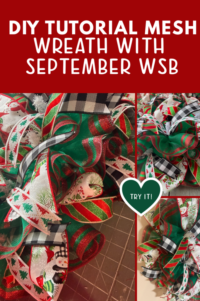 Round Christmas mesh wreath with red and green deco mesh and ribbon clusters of snowmen, cardinals, buffalo check, and red and green glitter stripes, framed in red with text that reads Mesh Wreath with September Wreath Subscription Box

