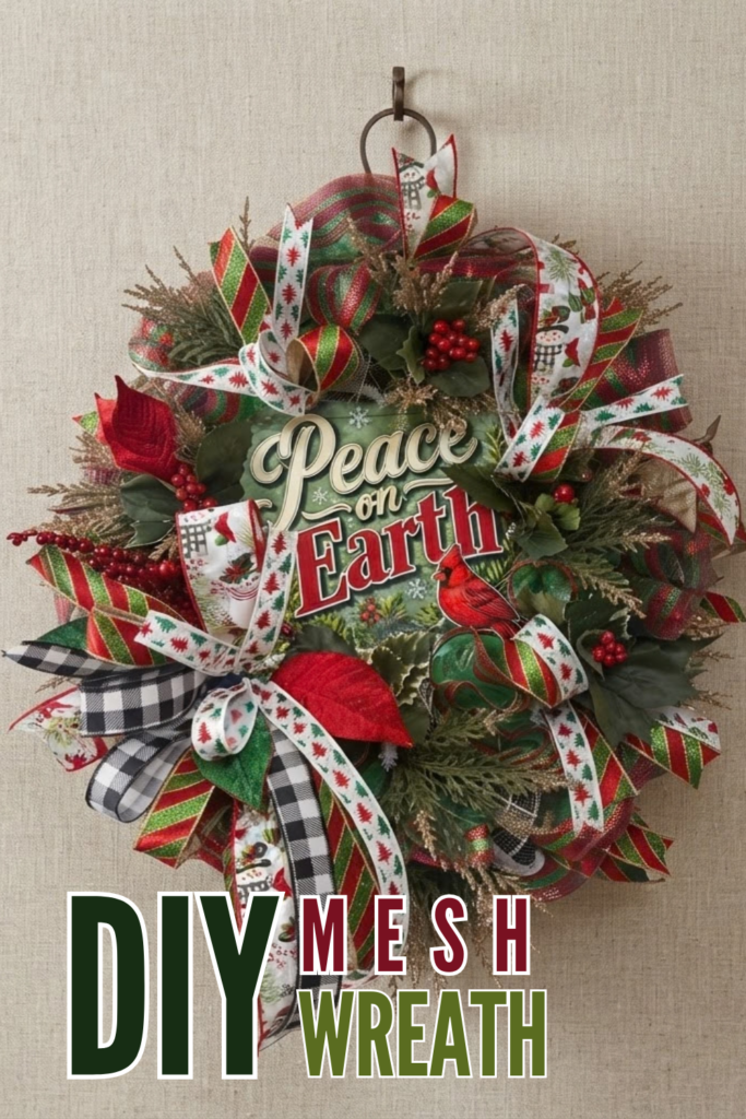 Close view of a handmade Christmas mesh wreath with a Peace on Earth metal sign in cream and red lettering, a red cardinal, red holly berries, red leaves, pinecones, black and white check ribbon and red and green mesh. Text on the image reads “DIY Mesh Wreath.”